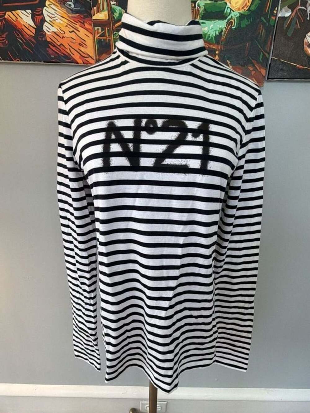 N°21 Black and White Striped Turtleneck Long Sleeve Top with Logo size 44